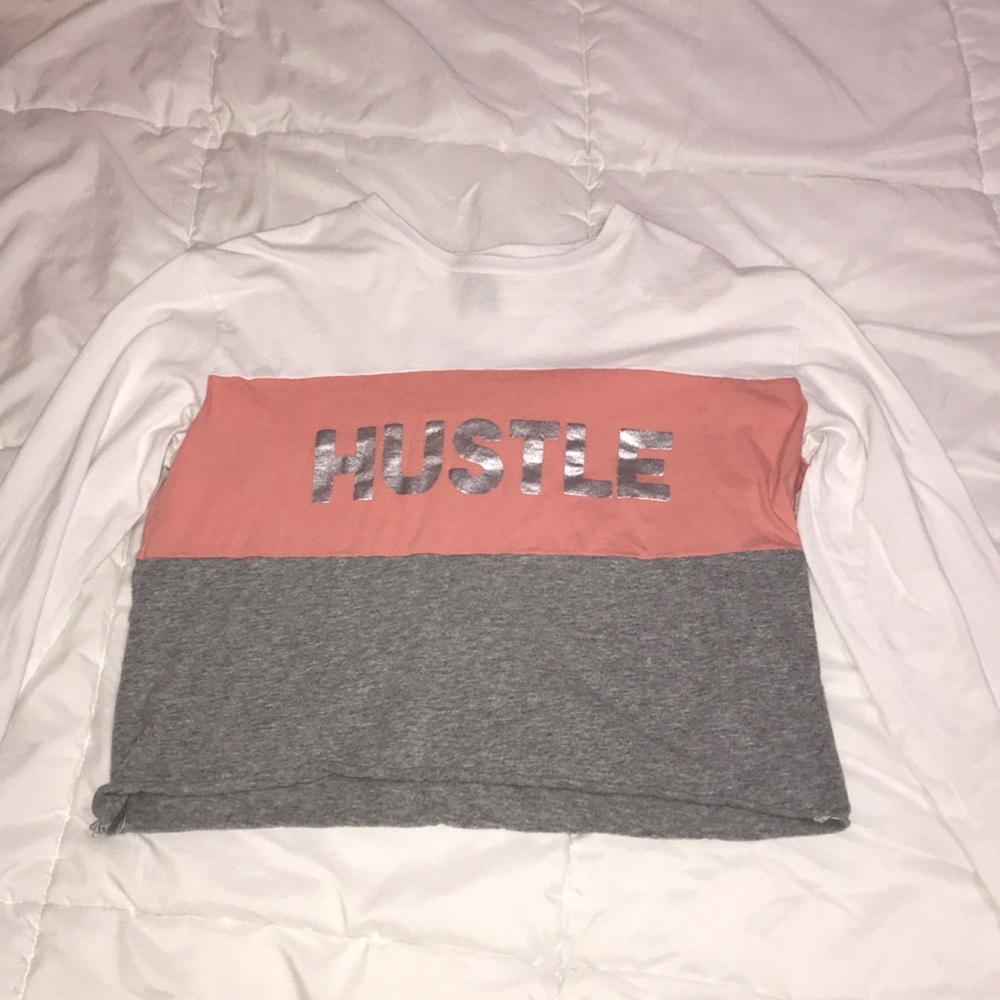 “Hustle” white, pink,and grey long sleeve crop top